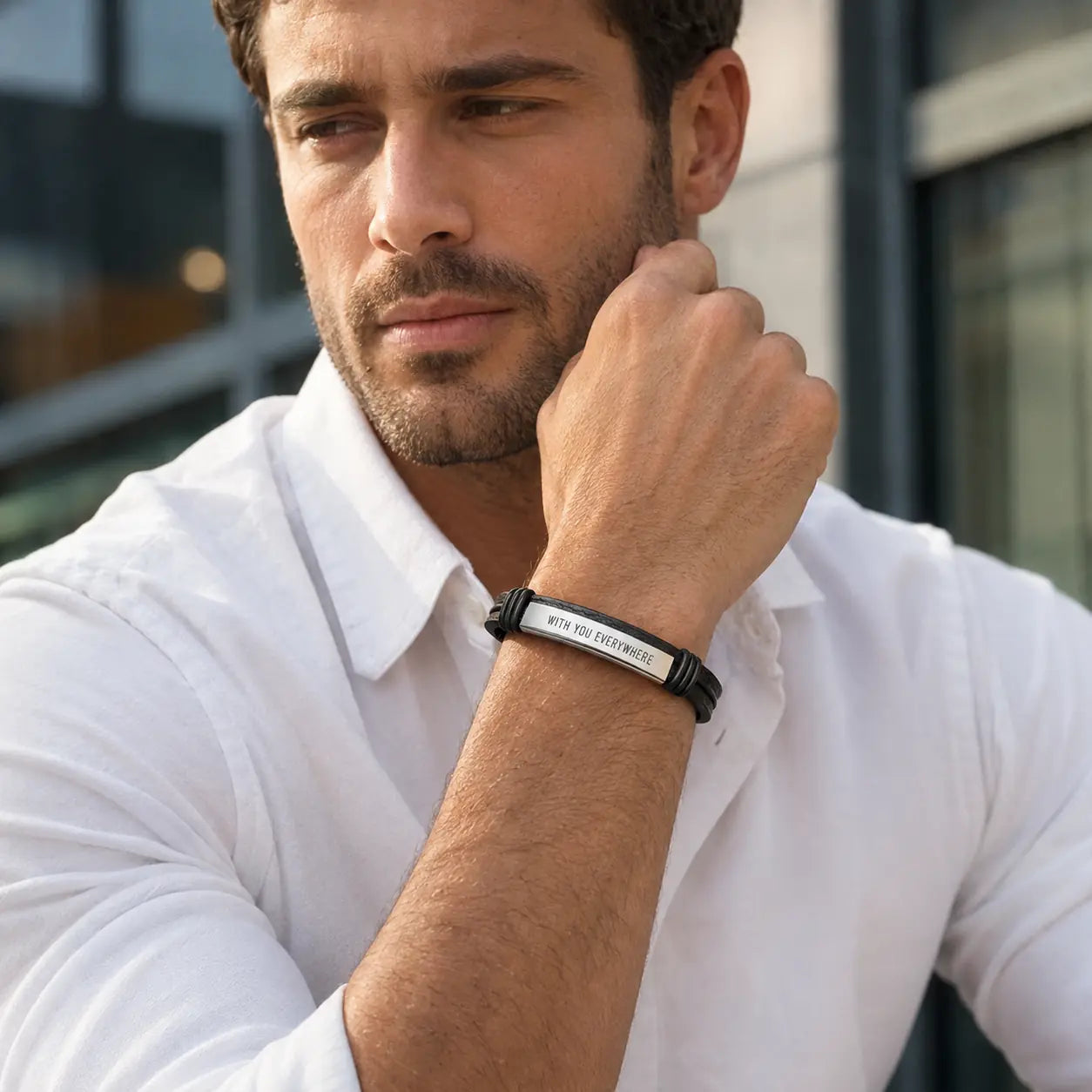 Men's engraved leather bracelet