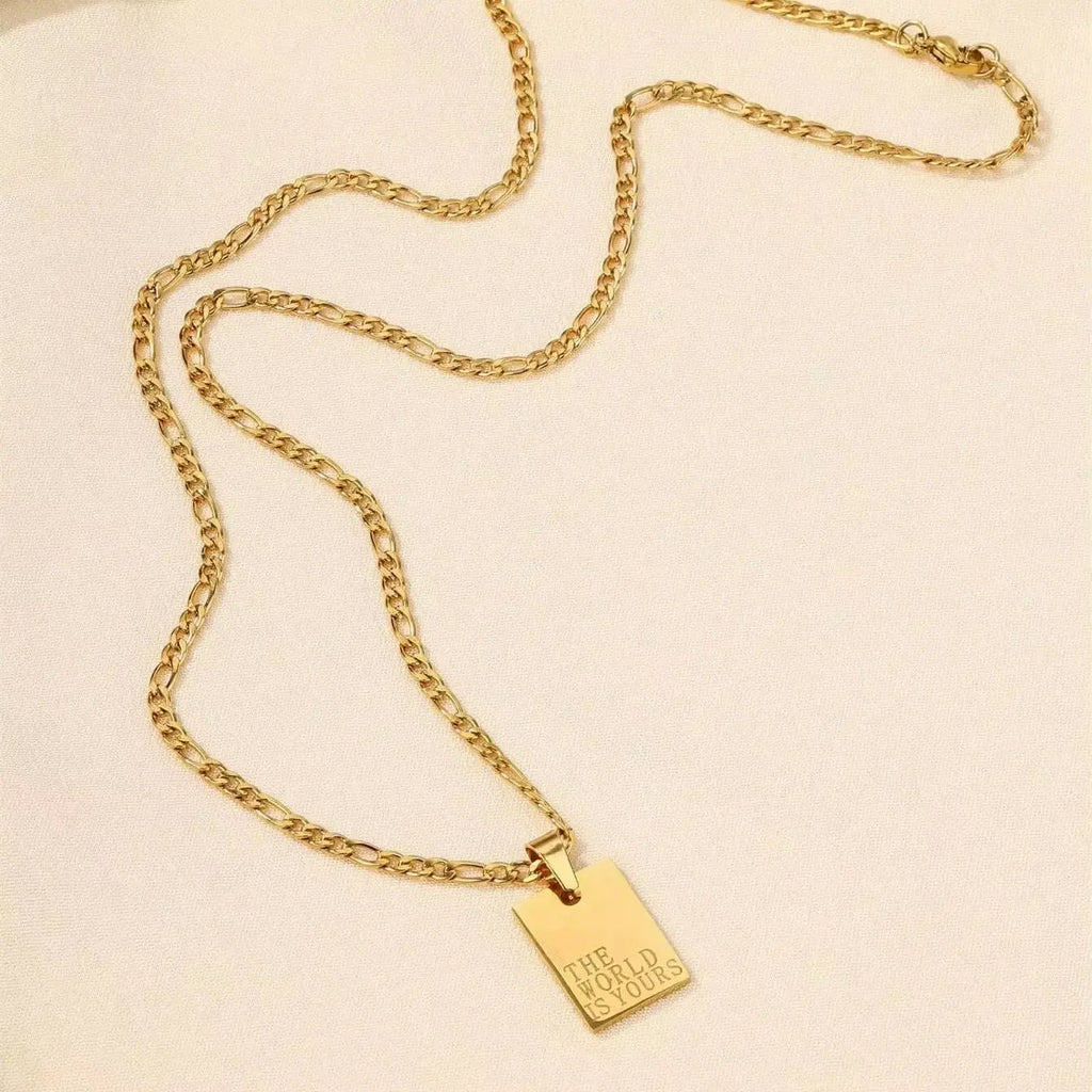 Wholesale Stainless Steel 18K Gold Plated the World Is Yours Engraved Square Necklace