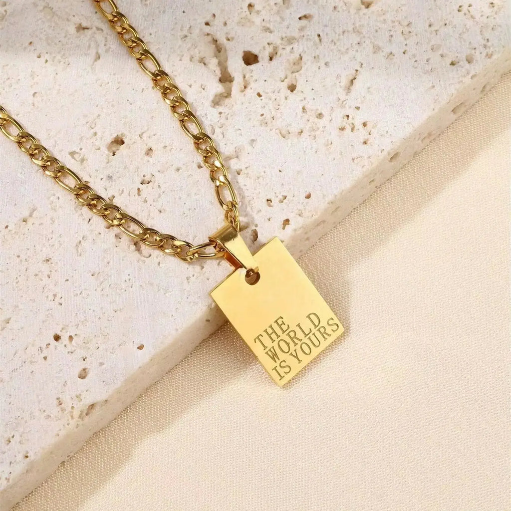 Wholesale Stainless Steel 18K Gold Plated the World Is Yours Engraved Square Necklace