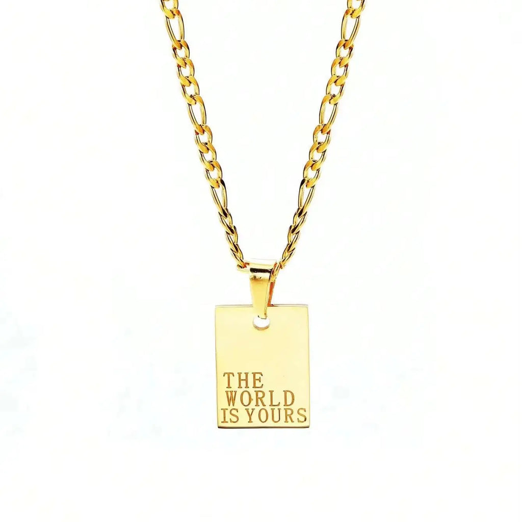 Wholesale Stainless Steel 18K Gold Plated the World Is Yours Engraved Square Necklace